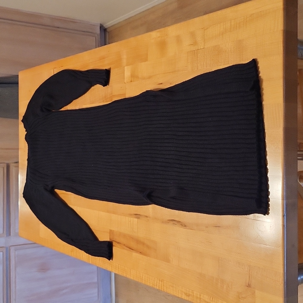 Fashion Black Ribbed Knitted Maxi Dress W Side Slits Long Sleeve Warm Tight